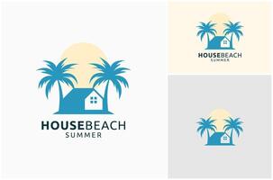 casa hogar costa playa isla palma árbol verano fiesta vacaciones logo diseño ilustración vector