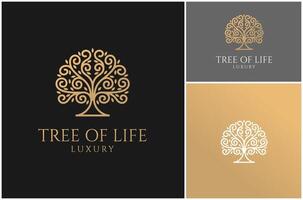 Tree Maple Oak Elm Life Branch Stem Twig Curly Line Art Gold Luxury Logo Design Illustration vector