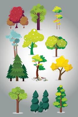 Collection of cartoon Trees Isolated on White Background. Colorful leaves. Can be used to illustrate any nature or healthy lifestyle topic.