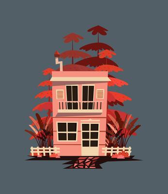 Red flat residential house cardboard, level house. Beaches and lush trees. eps 10. Gray background.