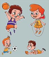contento niños jugando Deportes, haciendo físico ejercicio. fútbol, saltar soga, baloncesto y lectura. un activo y sano infancia. plano dibujos animados vector