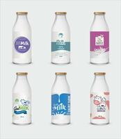 Set of illustrations in realistic style glass bottles with milk and without with different labels isolated on gray. Package mockup design ready for vector