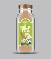 Milk tea glass bottle. Mock packing with design label or badge. Chocolate milk tea. vector