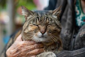 Elderly cat being petted gently, a heartwarming scene of affection and care on Cat Day photo