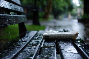 empapado periódico acostado en un lluvia empapado banco, símbolo de un día interrumpido por inesperado lluvia foto