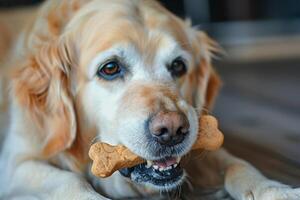 perro disfrutando un especial tratar en el forma de un hueso, perro día celebracion con gastrónomo mascota comida foto