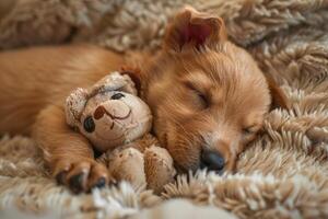 Puppy taking a nap with a Dog Day themed toy, adorable and peaceful celebration photo