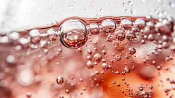 Close up of wine bubbles in a glass, macro shot, isolated on white background photo