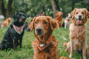 Group of dogs sitting obediently in a park, each wearing a festive bandana, gathered for Dog Day festivities photo