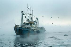 Tuna fishing boat at sea, nets ready, early morning mist enveloping the scene, anticipation of the catch photo