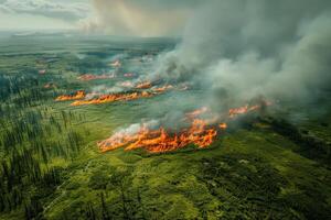 Aerial view of a forest fire, patches of flames spreading unpredictably across the green landscape photo