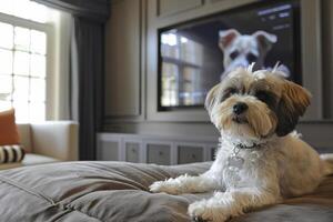 elegante suite en un perro hotel con un personalizado perro cama, gastrónomo tratar menú, y un privado televisión para animal muestra foto