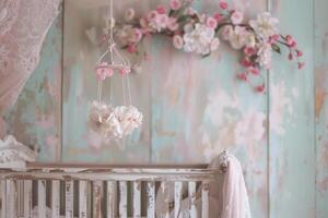 Childs nursery in shabby chic style, floral mobiles, and faded wall art, soothing and sweet photo