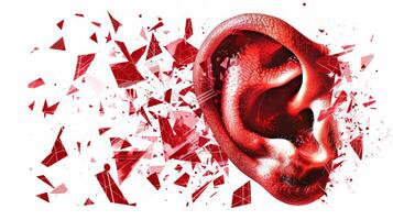 Noise pollution concept with a shattered eardrum illustration, vibrant red against white background photo