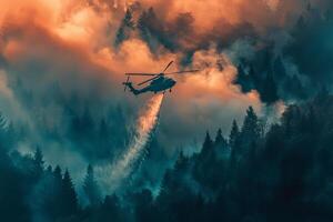 Helicopter dropping water over a forest fire, dramatic aerial firefighting effort against a backdrop of smoke photo