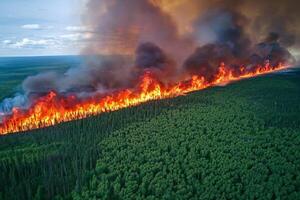 Aerial view of a forest fire, patches of flames spreading unpredictably across the green landscape photo