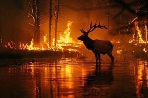 Elk standing in a shallow lake, safe from the flames, serene yet tense atmosphere photo