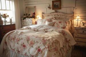 Rustic bedroom with floral shabby chic bedding, distressed wooden furniture and soft lighting photo