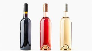 Three wine bottles in a row, red, white, and rose, isolated on white photo