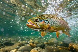 Underwater view of a colorful trout being reeled in, dynamic angle showing the struggle photo