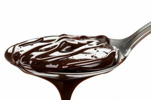 Satiny chocolate sauce drizzling off a spoon, luxurious and dark, isolated on a white background photo