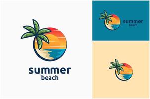 Island Sand Coast Beach Sea Water Wave Palm Tree Sun Landscape Logo Design Illustration vector