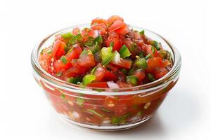 Scoop of chunky salsa in a glass bowl, colorful with red tomatoes and green peppers, isolated on white photo