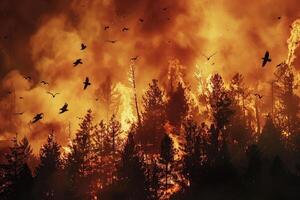 Birds fleeing from treetops as flames engulf the forest below, a sky filled with smoke and panic photo