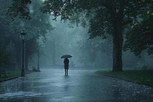 Lonely figure with an umbrella walking through a heavily rain soaked park, mist and drizzle around photo
