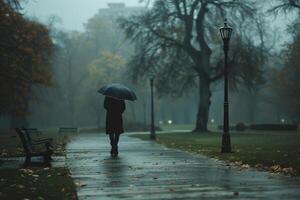 Lonely figure with an umbrella walking through a heavily rain soaked park, mist and drizzle around photo
