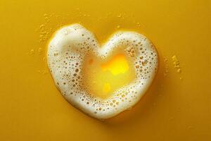 Conceptual image of beer foam forming the shape of a heart, on a simple yellow background photo