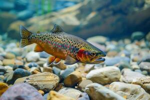 Close up of a vibrant trout swimming in a crystal clear mountain stream, natural background of smooth stones photo