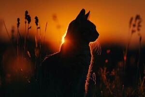 silueta de un gato a atardecer, sereno y majestuoso, celebrando el belleza de gatos en su especial día foto