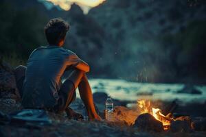 Person sitting dejected by a campfire during a heatwave, water bottle in hand, no relief from the heat photo