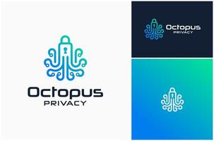 pulpo cefalópodo calamar bloquear intimidad ciber seguridad tecnología logo diseño ilustración vector