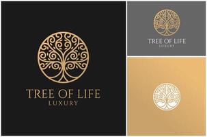 Tree Maple Oak Elm Branch Stem Root Line Art Circle Gold Luxury Logo Design Illustration vector