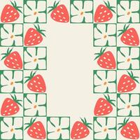 Colorful retro style square frame of strawberries and flowers . Vintage style hippie clipart element design collection. Hand drawn nature collage, spring blank template with flowers and strawberries. vector