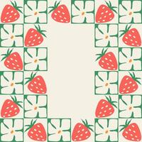 vistoso retro estilo cuadrado marco de fresas y flores . Clásico estilo hippie clipart elemento diseño recopilación. mano dibujado naturaleza collage, primavera blanco modelo con flores y fresas vector