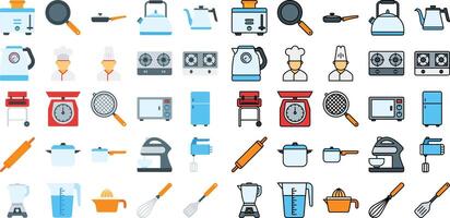 cocina icono conjunto en plano y lleno línea estilo vector