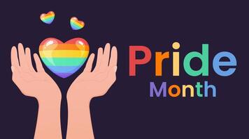 Pride month LGBTQ community web banner with hands holding a rainbow heart vector