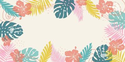 Horizontal summer background with tropical leaves and flowers with overlay effect. Abstract cover for web banner, social media banner, postcard, invitation. Summer vacation concept. Beach theme. vector