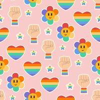 Pattern with rainbow color groovy elements. LGBTQ community retro style print design vector