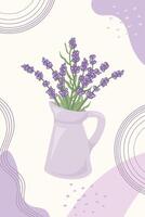 Trendy botanical wall art with lavender bouquet in a jug. Template concept for postcards, banner, social media design, invitations, covers, wall art. vector