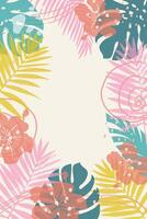 Summer background with colorful tropical leaves and flowers. Abstract cover for web banner, social media banner, postcard, invitation. Summer vacation concept.Beach theme. vector