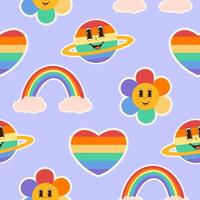 Lgbtq community seamless pattern. Groovy style print with rainbow, heart, flower and planet vector