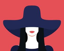 Abstract portrait of a brunette woman in a hat. Elegant woman with hat covering her eyes. Faceless portrait. illustration vector