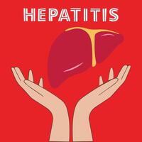 hepatitis texto con hígado en el mano en rojo antecedentes. vector