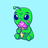 Cute Alien Eating Ice Cream Cartoon Icons Illustration. Flat Cartoon Concept. Suitable for any creative project. vector