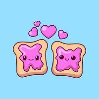 Cute Toast Bread Couple With Heart Love Cartoon Icons Illustration. Flat Cartoon Concept. Suitable for any creative project. vector