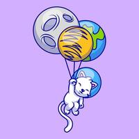 Cute Cat Floating With Planet Balloon Cartoon Icons Illustration. Flat Cartoon Concept. Suitable for any creative project. vector